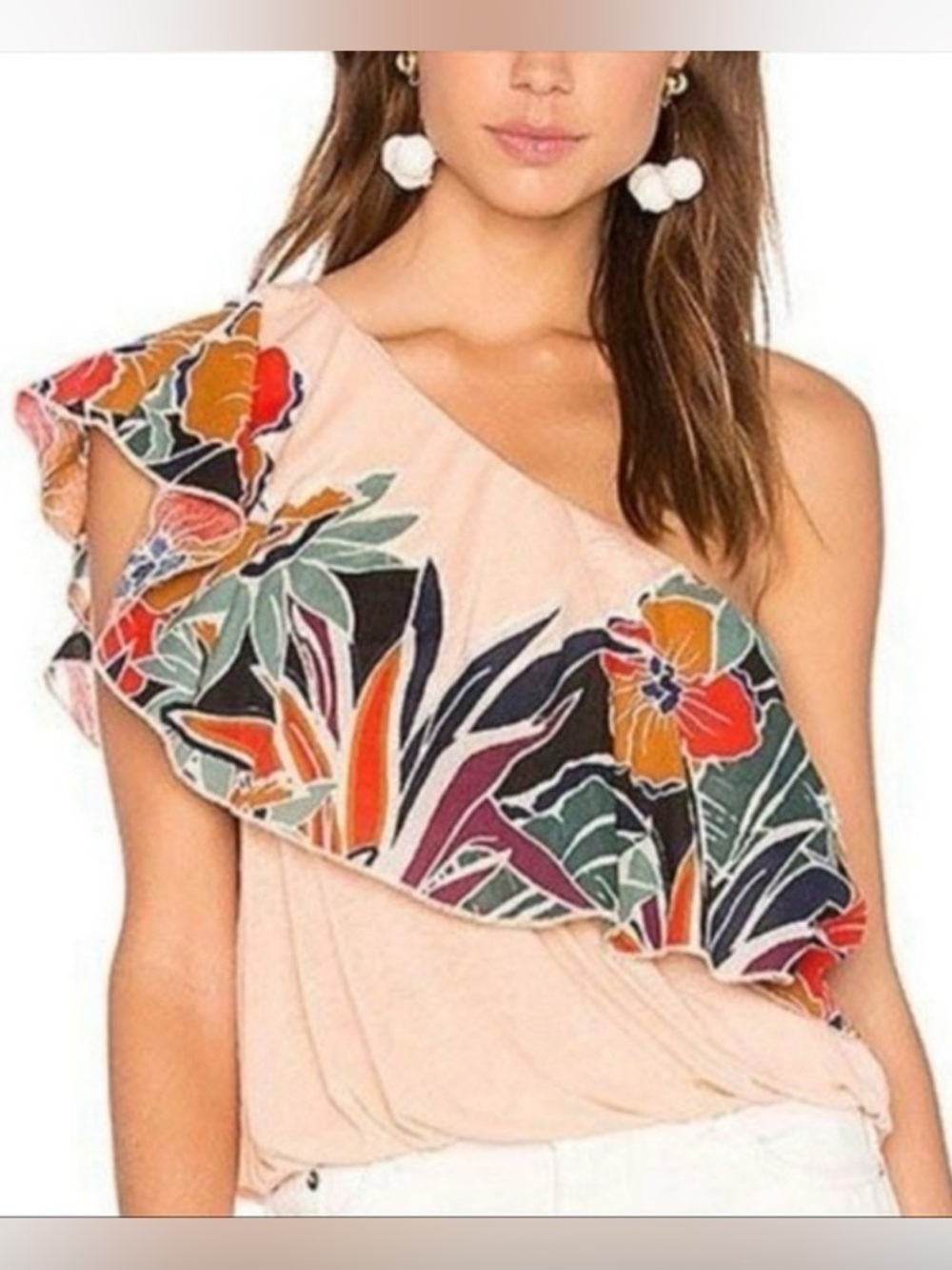 Free People One-Shoulder Floral Ruffle Top in Peach with Multi-Color Print